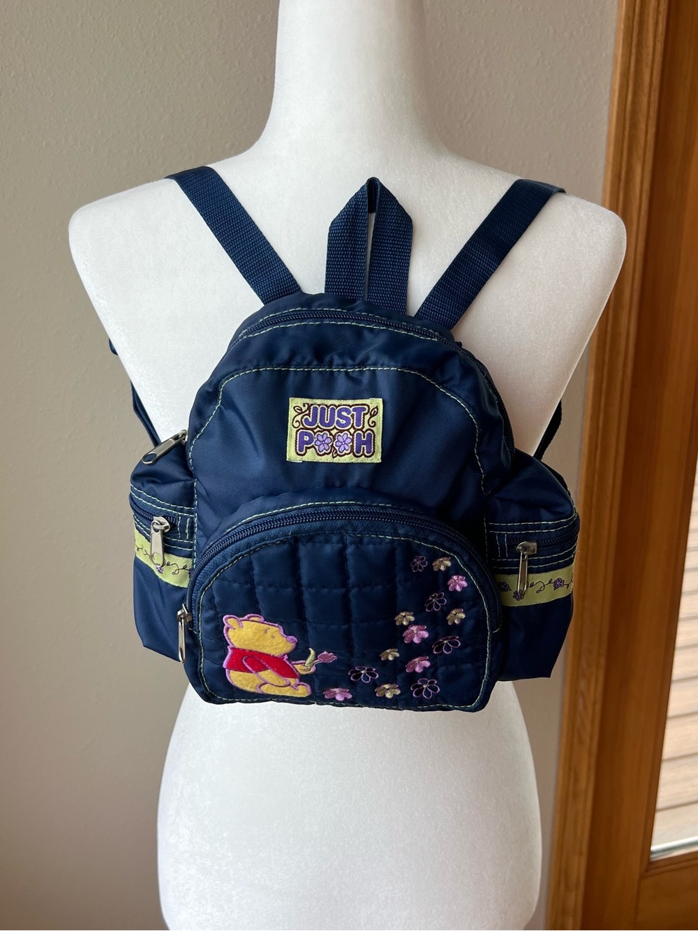 VTG Disney Winnie the Pooh Mini Backpack 90’s Y2K Blue Nylon Side Zip Pockets